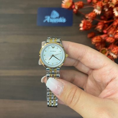 ساعت امپریو آرمانی زنانه دو رنگ طلایی صفحه نقره ای شماره نگین