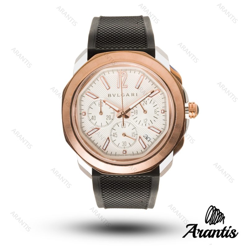 ساعت بولگاری مردانه کرنوگراف octo finissimo اکتو فینیسیمو صفحه سفید رزگلد m-10305
