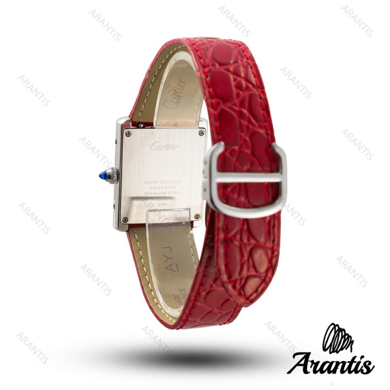ساعت کارتیه تانک زنانه بند چرم قرمز قاب سیلور صفحه مهندسی w-10272