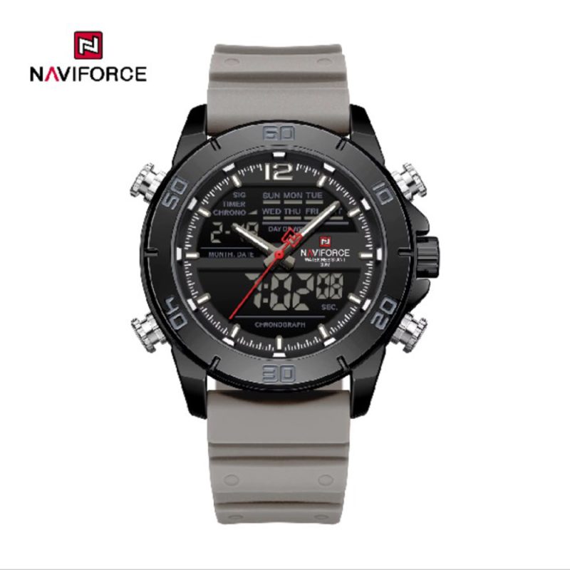 10394 ساعت نیوی فورس مدل NF9253 بند طوسی صفحه مشکی مدل m-10394